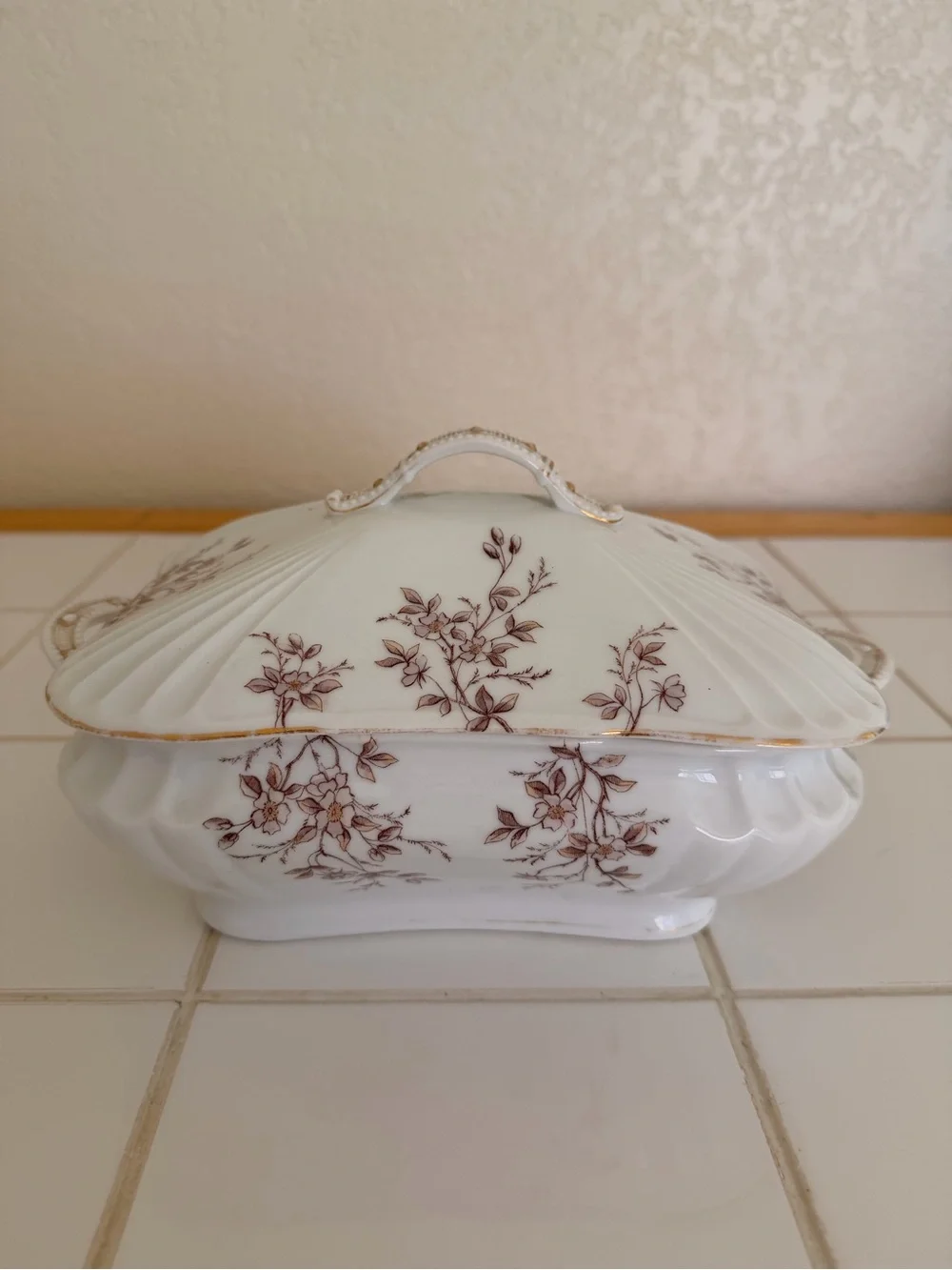Vintage Austrian Brown Floral Covered Bone China Serving Dish Gold Trim EC